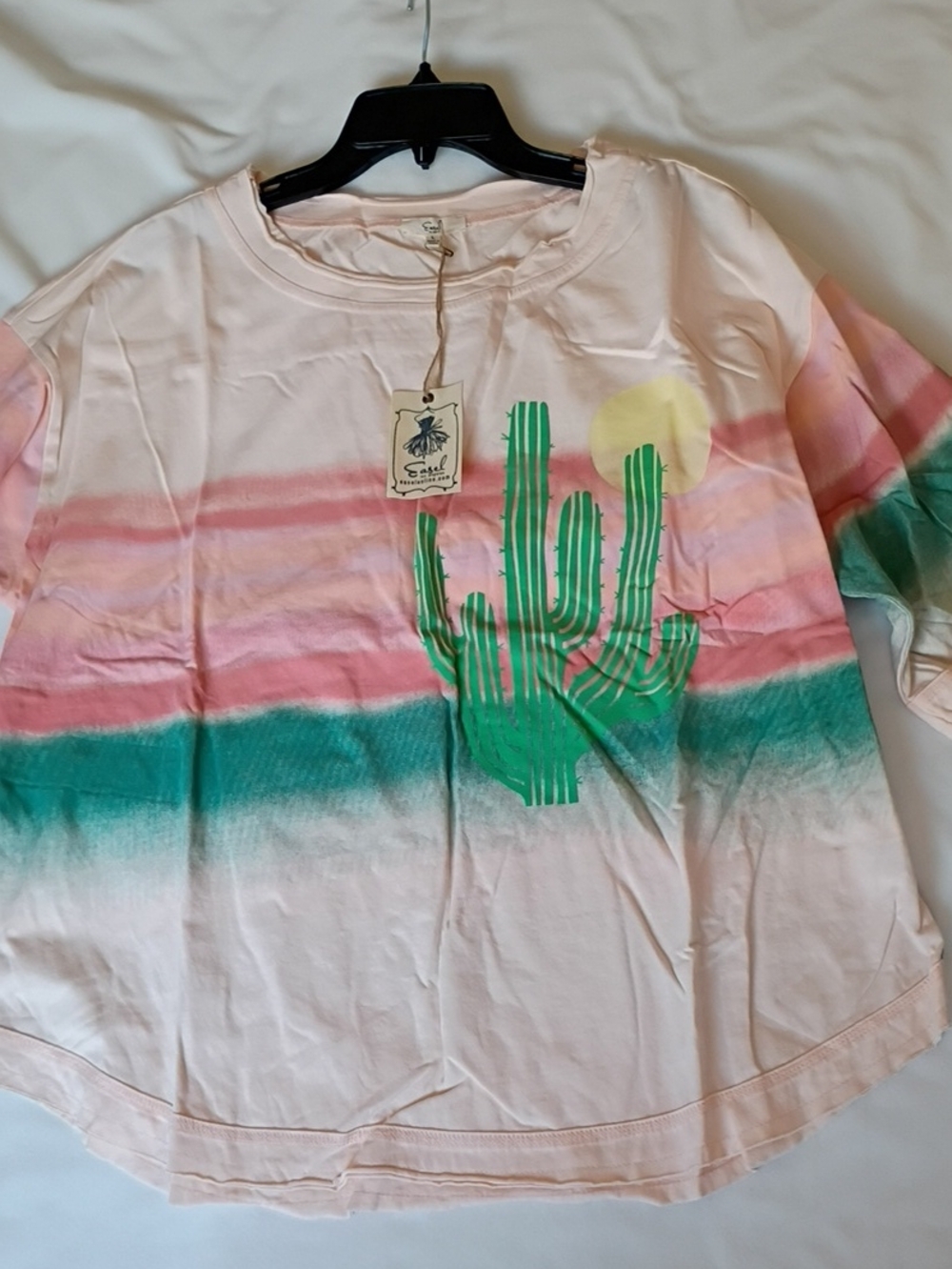 Easel Large Western Boho Cactus Sundown Graphic Tee - Pink & Green 004